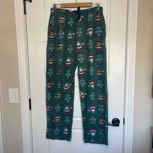 Life Is Good Fleece Pajama Pants Men's Medium Holiday Santa Dog Green Pockets - Picture 3 of 10